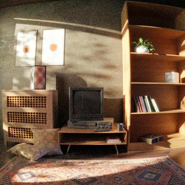 A cozy vintage living room featuring retro decor, a classic television, and warm sunlight.