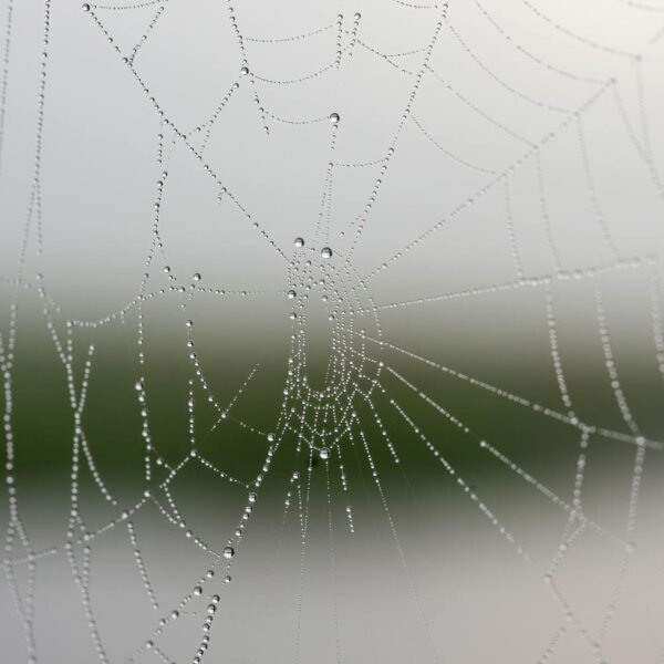 Close-up of a spider web with dewdrops in Tell, Wisconsin, showcasing intricate patterns.